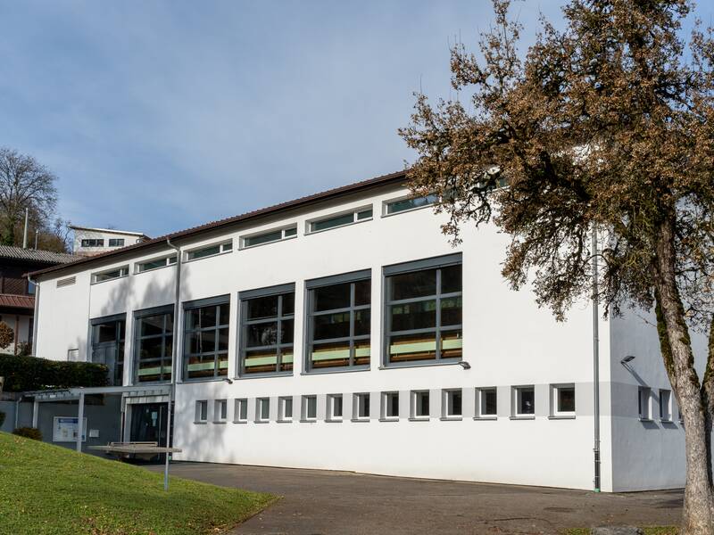 Ein modernes, weißes Gebäude mit mehreren großen Fenstern und einem Baum im Vordergrund.