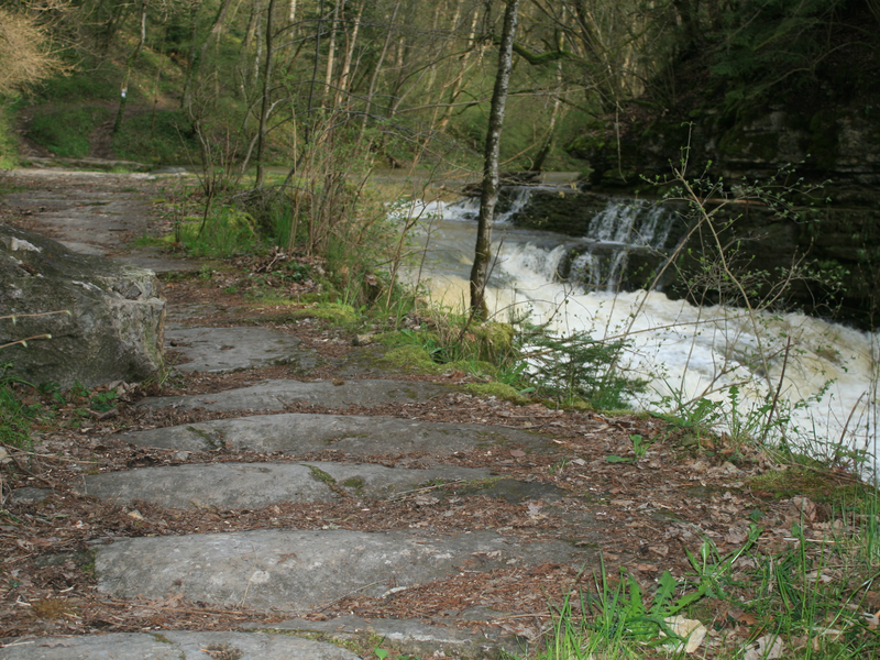 Ein Waldweg aus flachen Steinen führt an einem kleinen, rauschenden Wasserfall vorbei.