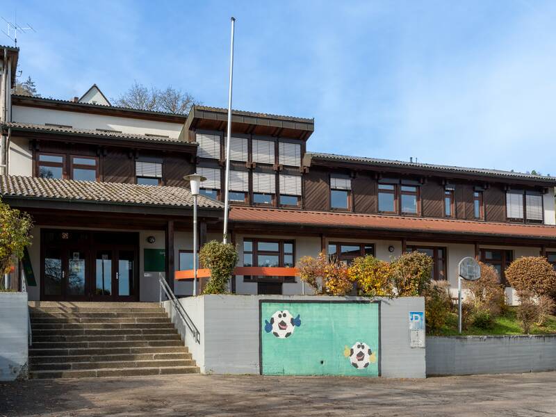 Das Bild zeigt ein zweistöckiges Gebäude mit zahlreichen Fenstern, einer breiten Treppe zum Eingang und einem grün bemalten Mauerstück mit aufgemaltem Fußballmotiv im Vordergrund.